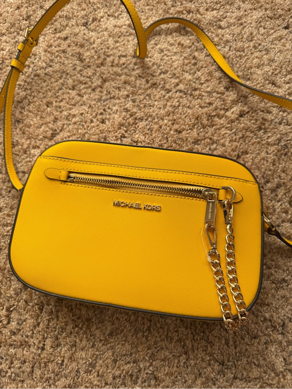 MICHAEL KORS Yellow Saffiano Leather Crossbody with Gold Chain